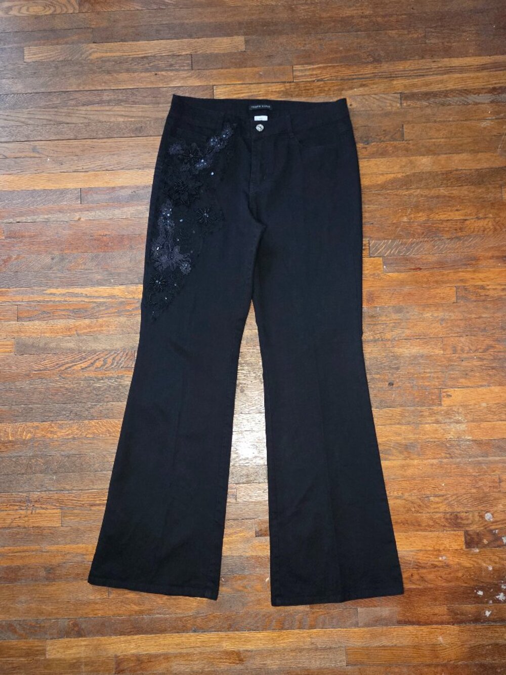 Tempo Paris Y2K Black Mid Rise Boot Cut Lace Embellished Twill Pants